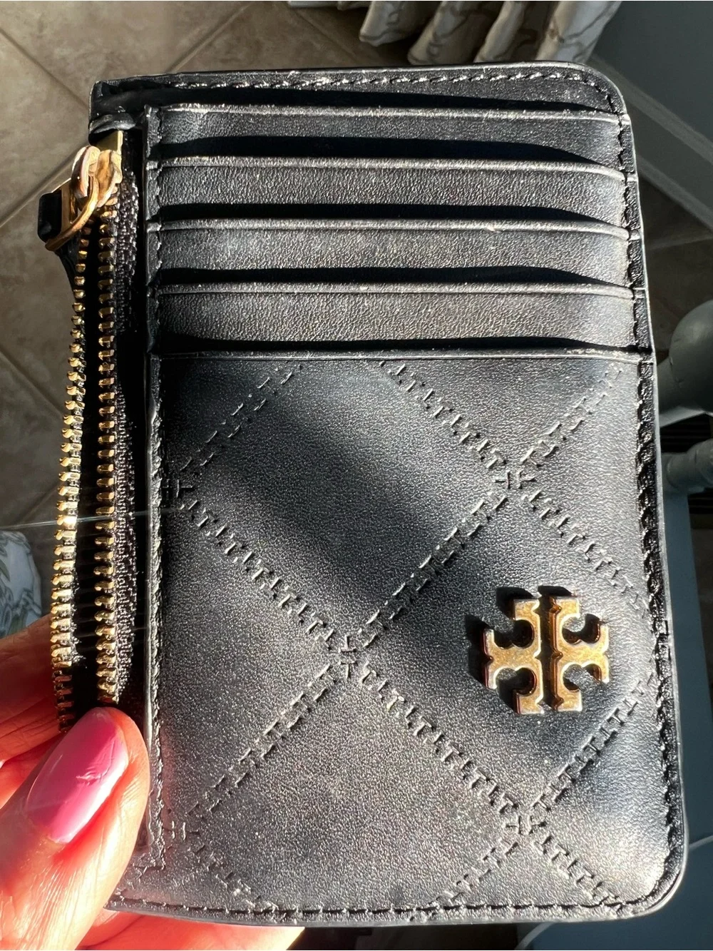 Tory Burch Black Quilted Leather Card holder with Gold Logo